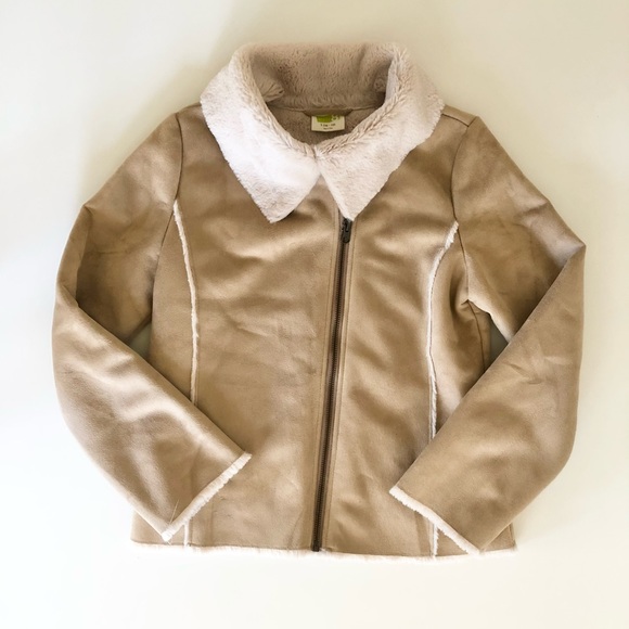 Crazy 8 Faux Suede Jacket Girls Large 10/12 Beige Tan Soft Fur Cream Lining - Picture 1 of 7